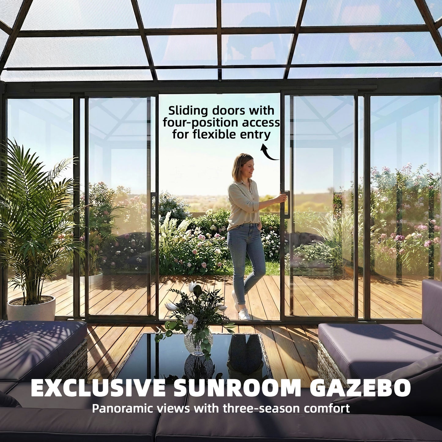 10' x 14' Sun Room with Double Roof Sliding Doors Hardtop Gazebo Solarium with Rain Gutter Dark Grey