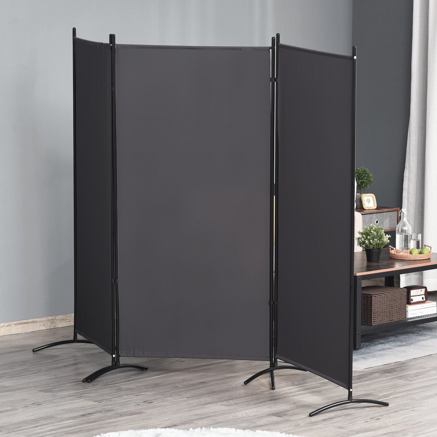 6' 3 Panel Room Divider, Double Hinged Folding Wall Divider, Indoor Privacy Screen for Home Office, Charcoal Grey