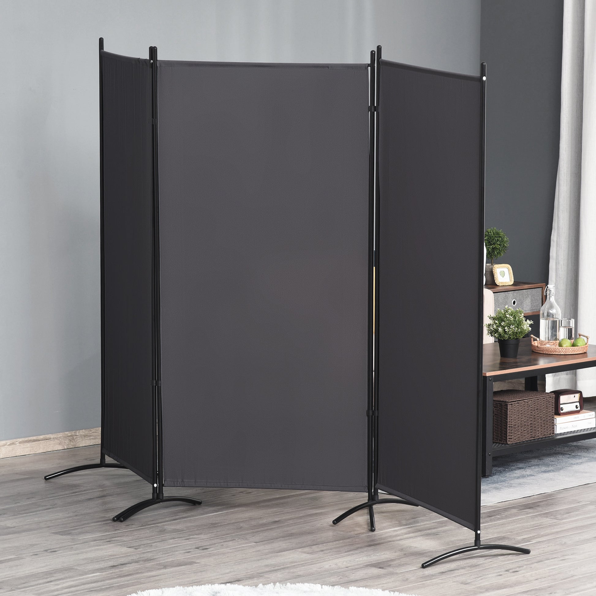6' 3 Panel Room Divider, Double Hinged Folding Wall Divider, Indoor Privacy Screen for Home Office, Charcoal Grey