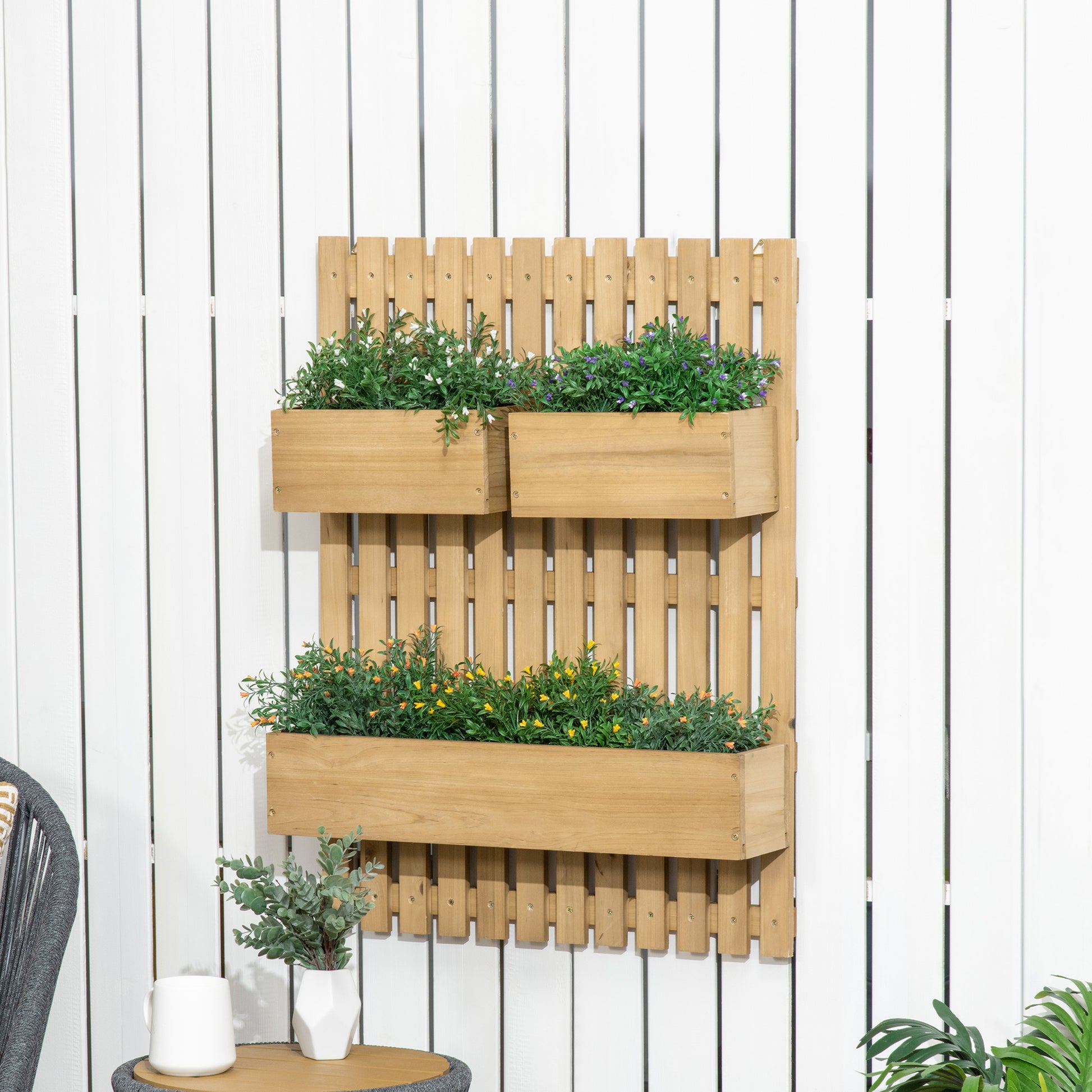 3 Box Raised Garden Bed with Trellis, Wall-Mounted Wood Planter Box Set with Drainage Hole for Flowers, Climbing Plants