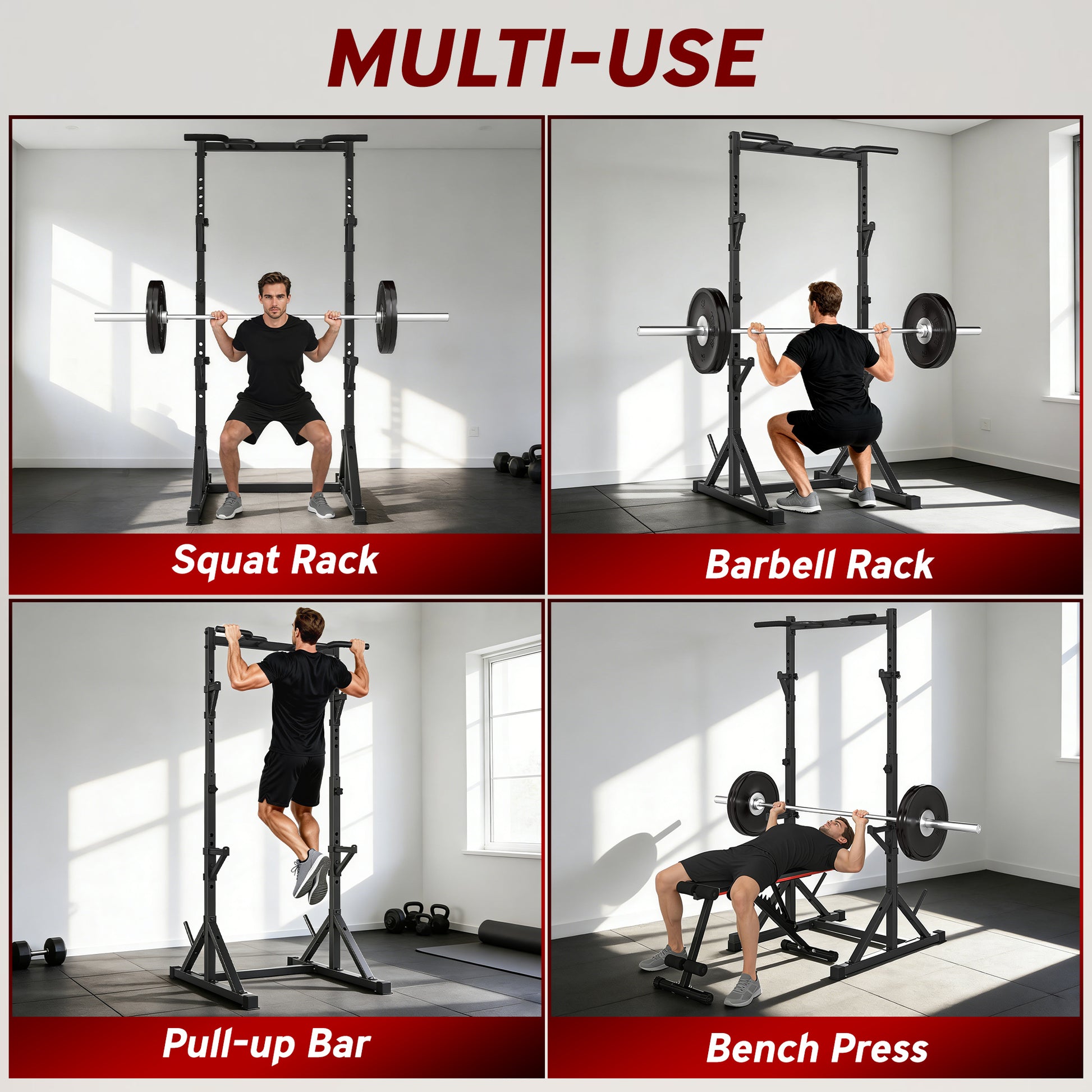 Soozier Adjustable Squat Rack, Multi-Function Bench Press Rack with Weight Plate Holders and Pull up Bar, Black