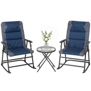 3pc Patio Foldable Rocking Chair Set, Outdoor Rocking Chairs and Table Bistro Set w/ Padded Seat, Headrest, Backrest for park, backyard, garden, Blue