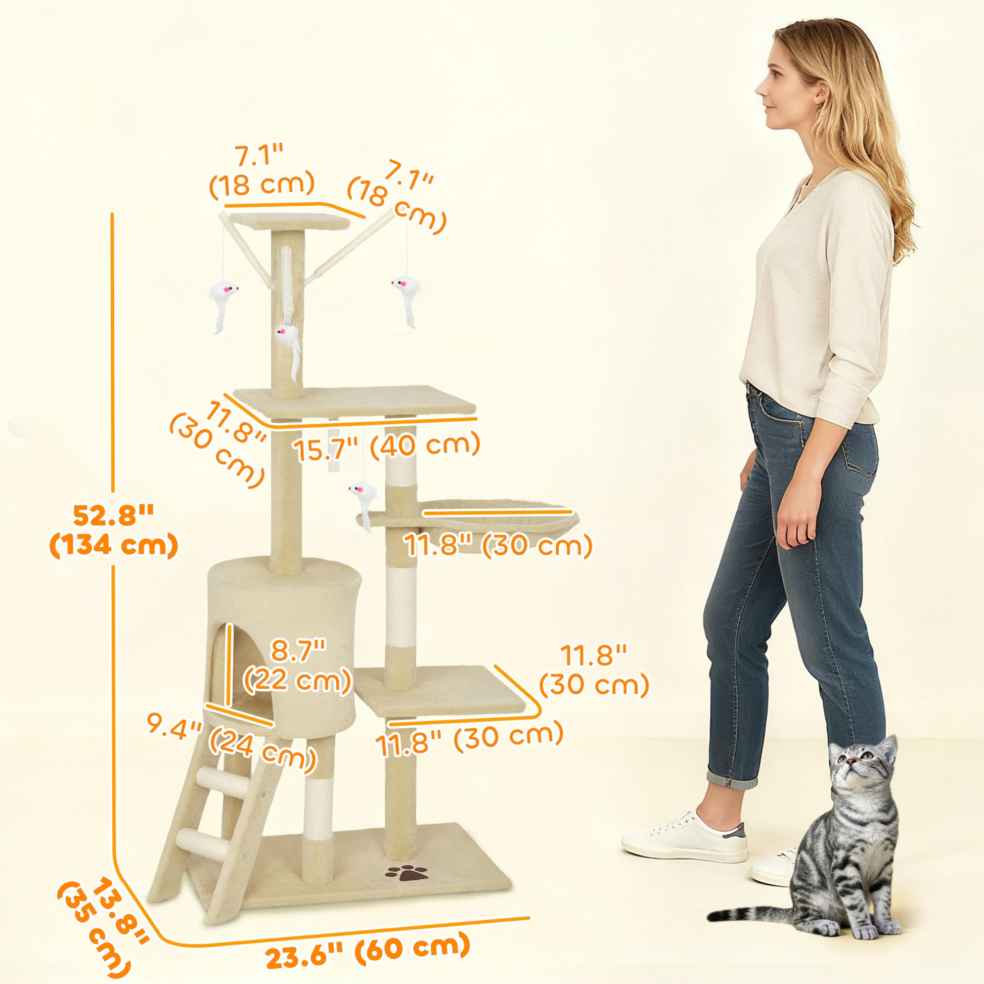 53" Cat Tree Tower, Kitten Activity Centre with Scratching Posts, Condo, Perches, Ladder, Hammock, Dangling Toys, Beige