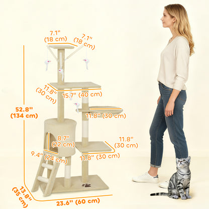 53" Cat Tree Tower, Kitten Activity Centre with Scratching Posts, Condo, Perches, Ladder, Hammock, Dangling Toys, Beige