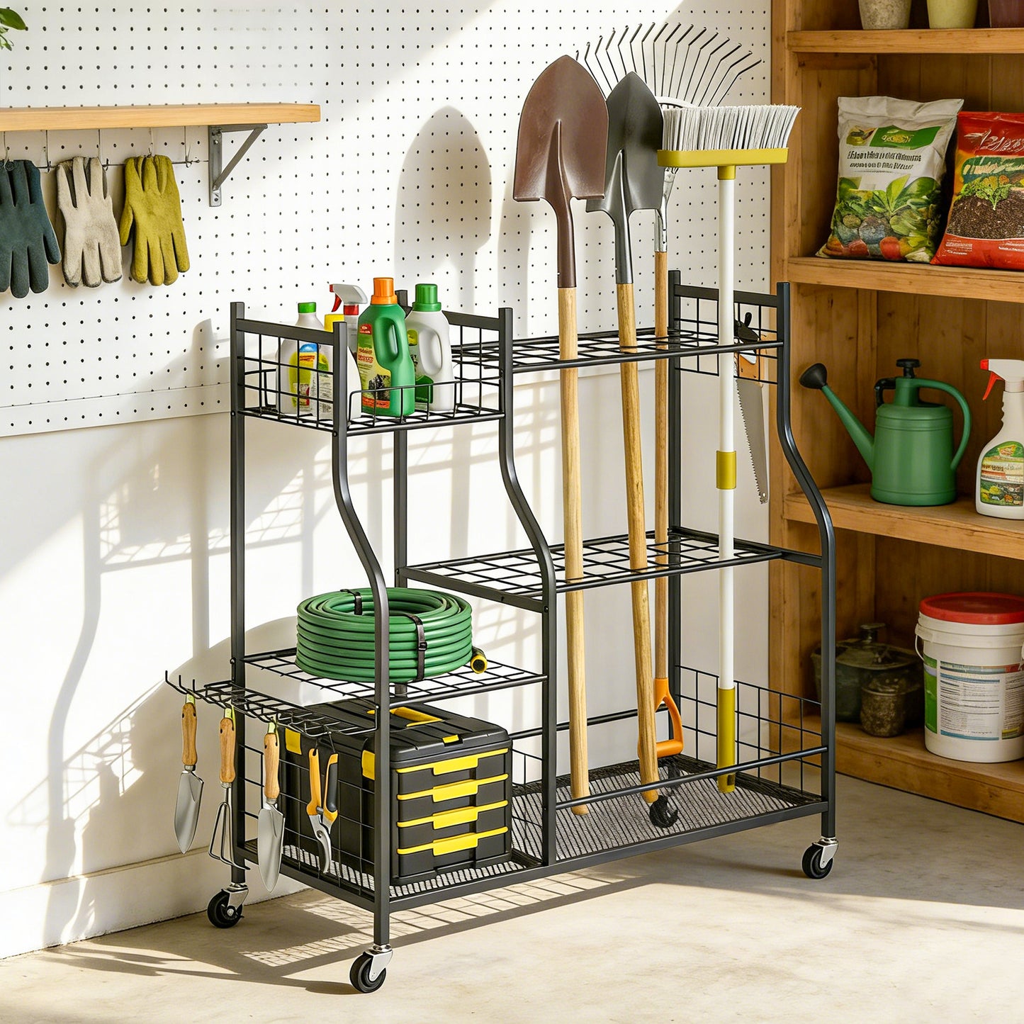 Garden Tool Organizer for Garage, 3-Tier Yard Tool Storage Rack with 74 Slots, 4 Wheels and 11 Hooks