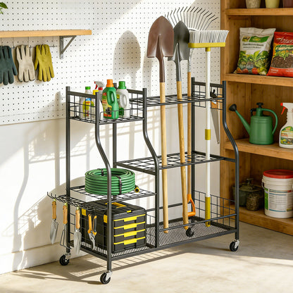 Garden Tool Organizer for Garage, 3-Tier Yard Tool Storage Rack with 74 Slots, 4 Wheels and 11 Hooks