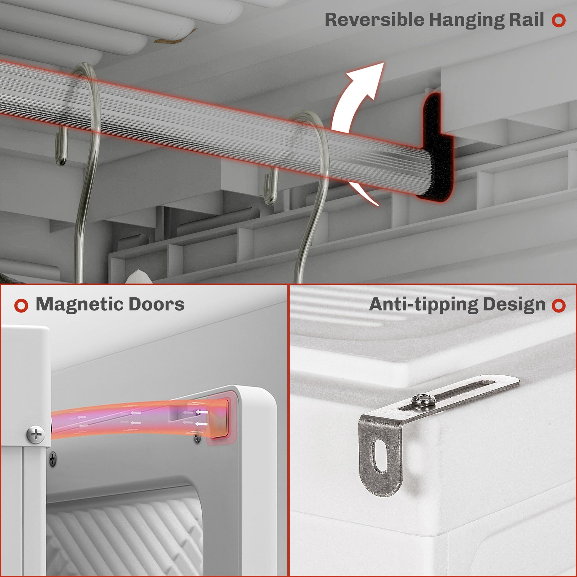 Portable Wardrobe, Foldable Storage Organzier with 5 Compartments, 1 Hanging Rod, Magnet Doors, White