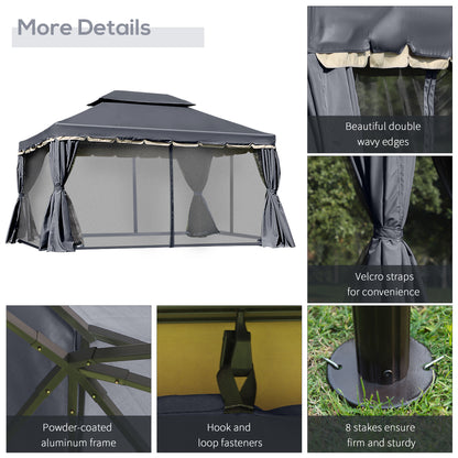 13' x 10' Patio Gazebo, Double Roof Outdoor Gazebo Canopy Shelter with Netting & Curtains, Strong Aluminum Frame, Black