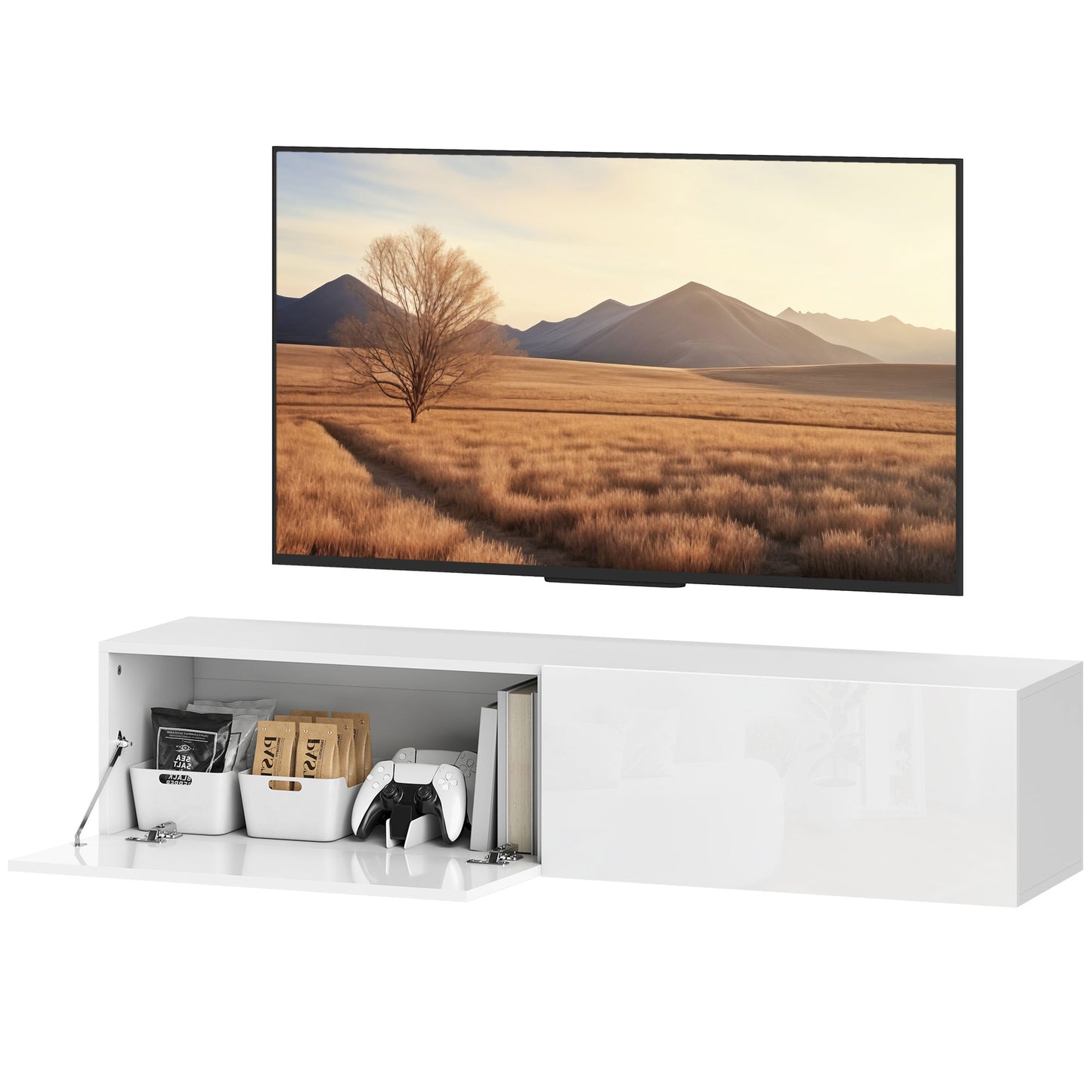 Floating TV Stand with Storage Cupboards for 45, 55, 65in TVs, Wall Mounted TV Console Entertainment Unit, White