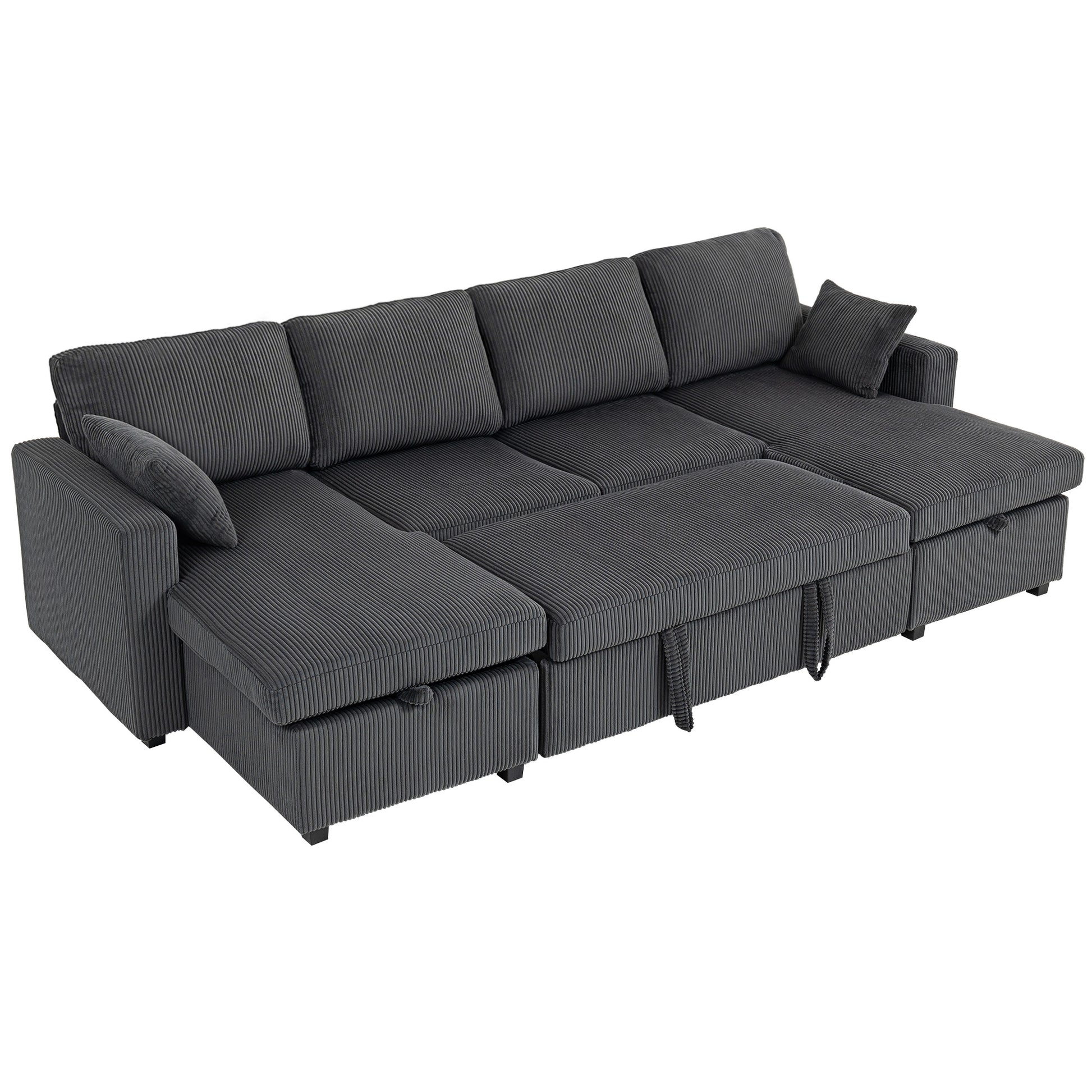 Convertible Sofa Bed, Corduroy U-Shaped Sleeper Sofa Couch with Storage Chaise, Pillows, Spring, Futon Couch, Grey