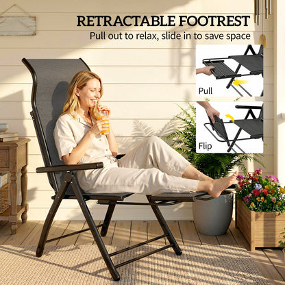 Folding Patio Chairs Set of 2, 5-Position Outdoor Lounge Chairs with High Back, Retractable Footrest, Dark Grey