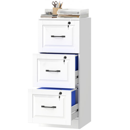 3 Drawer File Cabinet with Lock, Vertical Filing Cabinet with Adjustable Hanging Bars for A4 and Letter Size, White