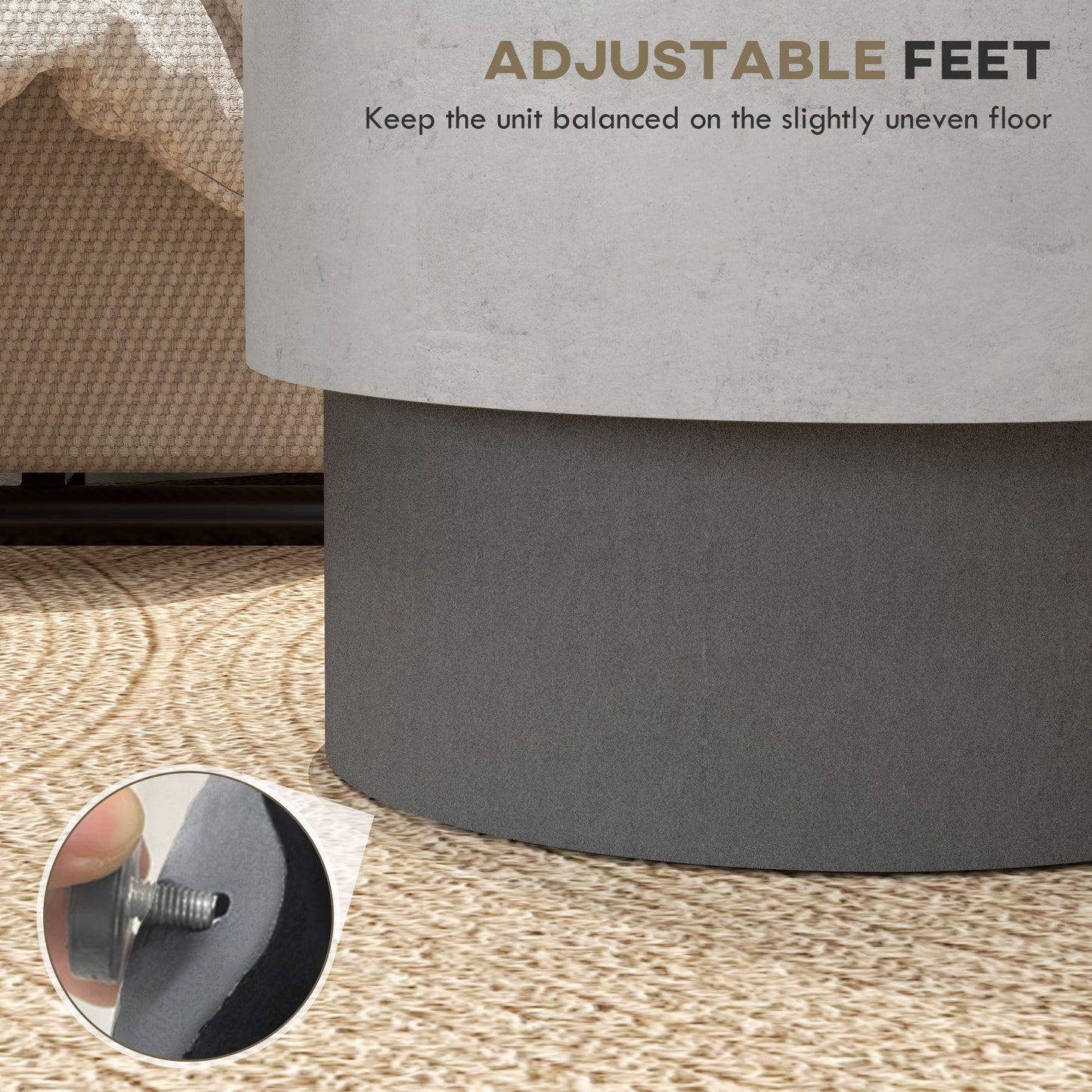 Lightweight Accent Table with Concrete Finish, Round Side Table with 4 Adjustable Feet for Indoor, Outdoor