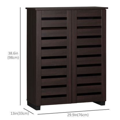 Narrow Shoe Cabinet with 2 Slatted Doors, Modern Shoe Storage Cabinet with Adjustable Shelves for Entryway, Hallway, Living Room, Holds 15 Pairs, Dark Brown