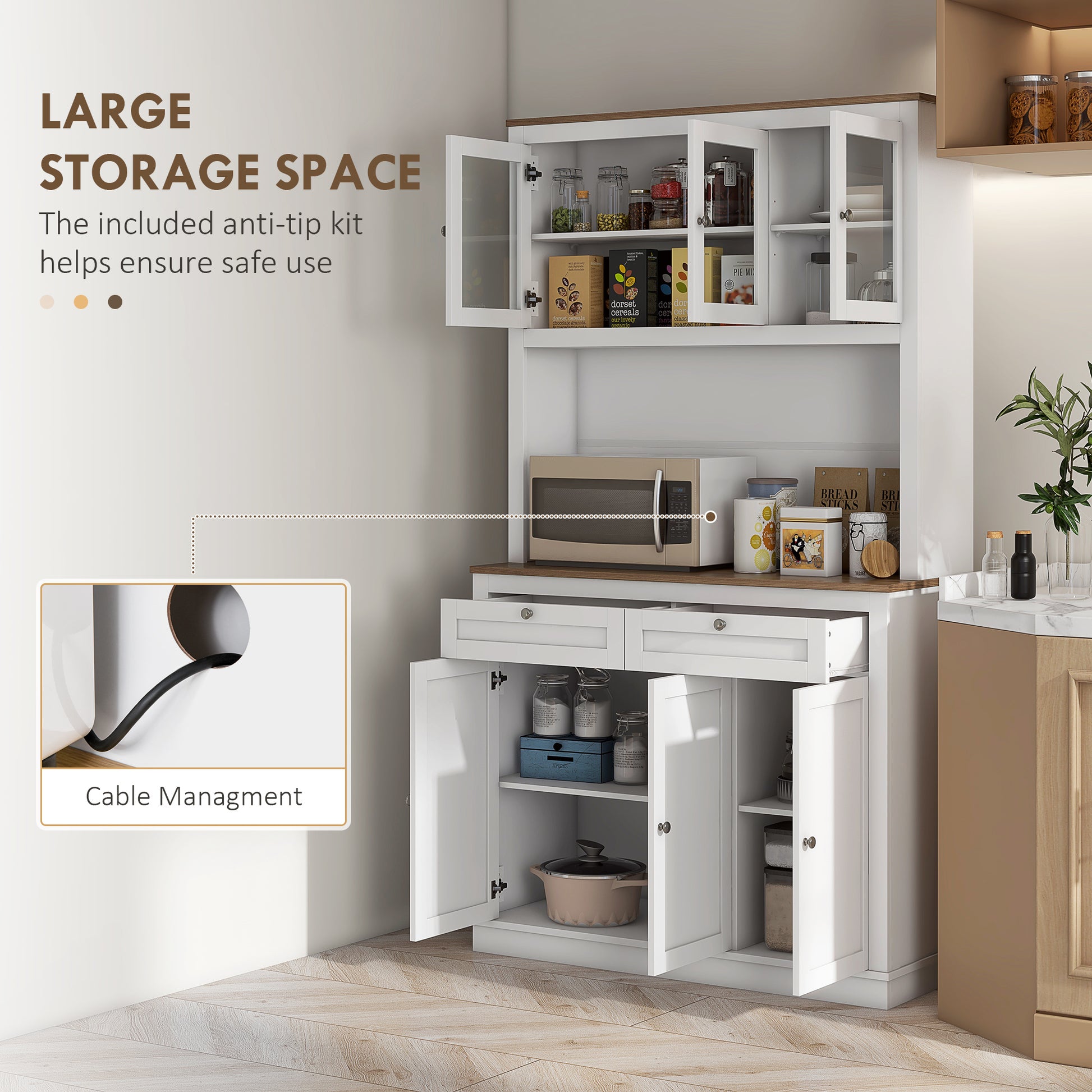 71" Pantry Cabinet with Microwave Space, Buffet with Hutch, 2 Drawers, Adjustable Shelves and Glass Doors, White