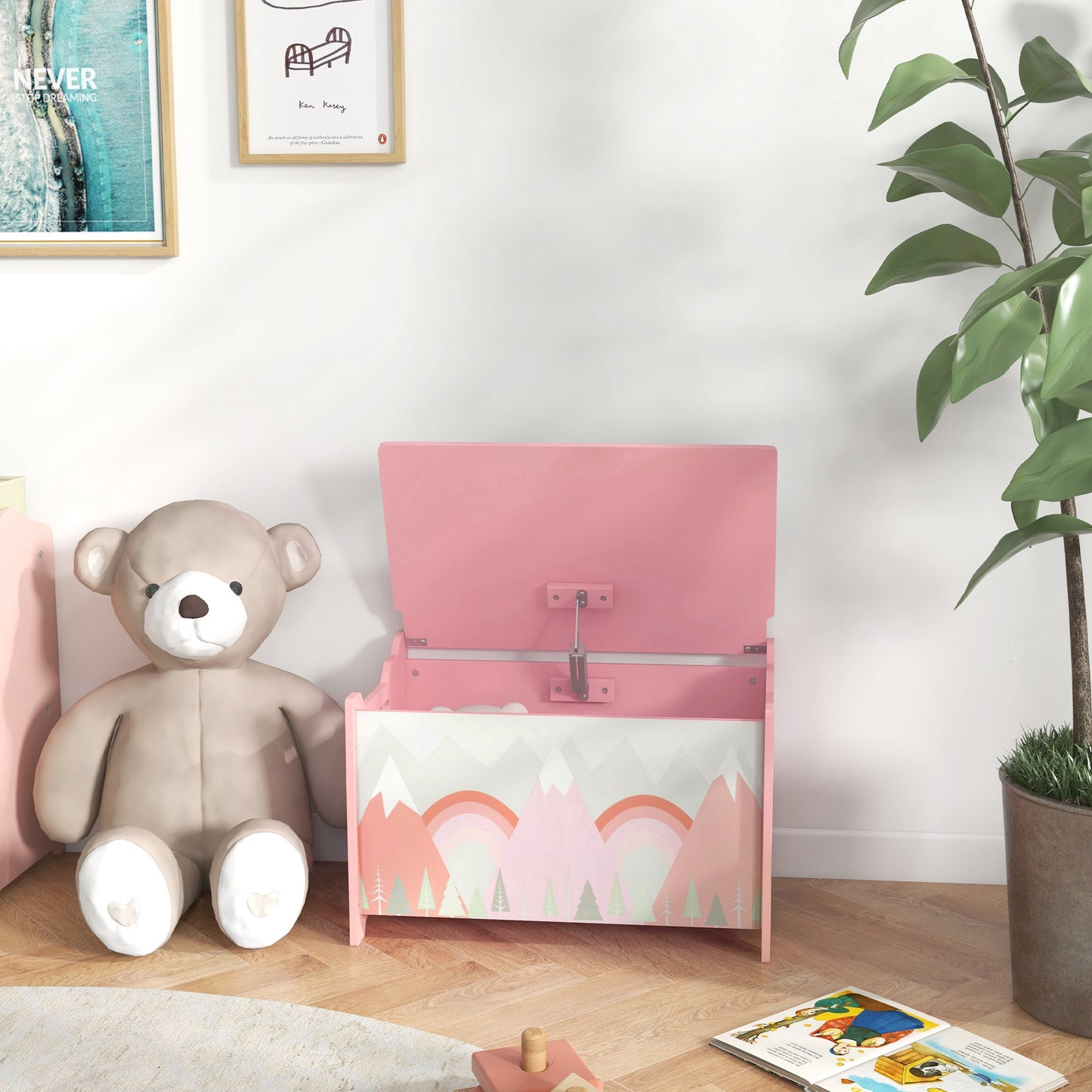 Qaba Toy Box, Kids Storage Chest with Lid, Safety Hinges and Groove Handles, Toy Storage Organizer with Rainbow Pattern for Boys, Girls, Pink
