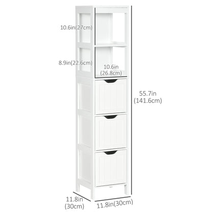 Narrow Bathroom Cabinet with 3 Drawers and 2 Tier Shelf, Tall Cupboard Freestanding Linen Tower, White