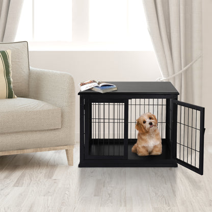 26" Wooden Dog Cage with Double Door Entrance & Simple Modern Design, Black