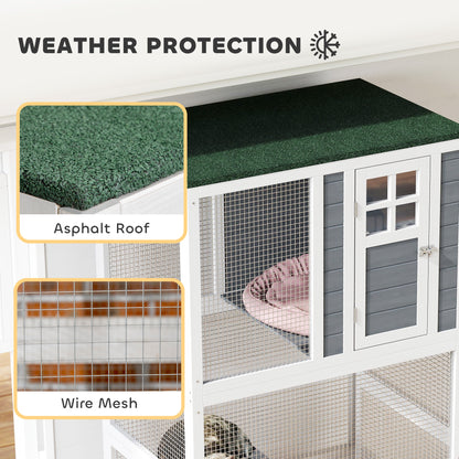 74" Wooden Outdoor Cat House Weatherproof & Wheeled with High Weight Capacity, Kitten Cage Condo, White