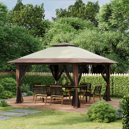 13' x 13' Pop Up Canopy, 2-Tier Roof Easy up Tent Shelter with Nettings Carry Bag Weight Bags for Garden, Patio, Beige