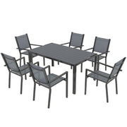 7 Piece Outdoor Dining Set with 6 Stackable Chairs, Rectangle Table, WPC Slatted Top, Rust-Resistant Steel Frame