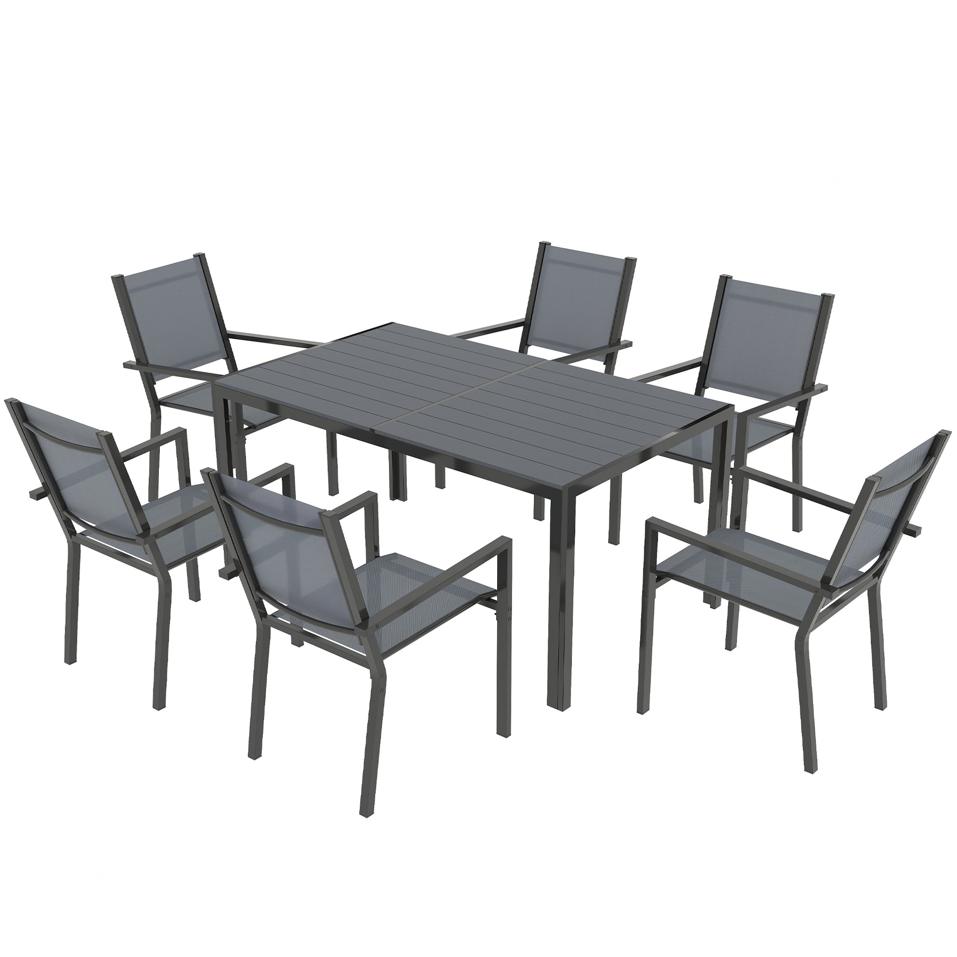 7 Piece Outdoor Dining Set with 6 Stackable Chairs, Rectangle Table, WPC Slatted Top, Rust-Resistant Steel Frame
