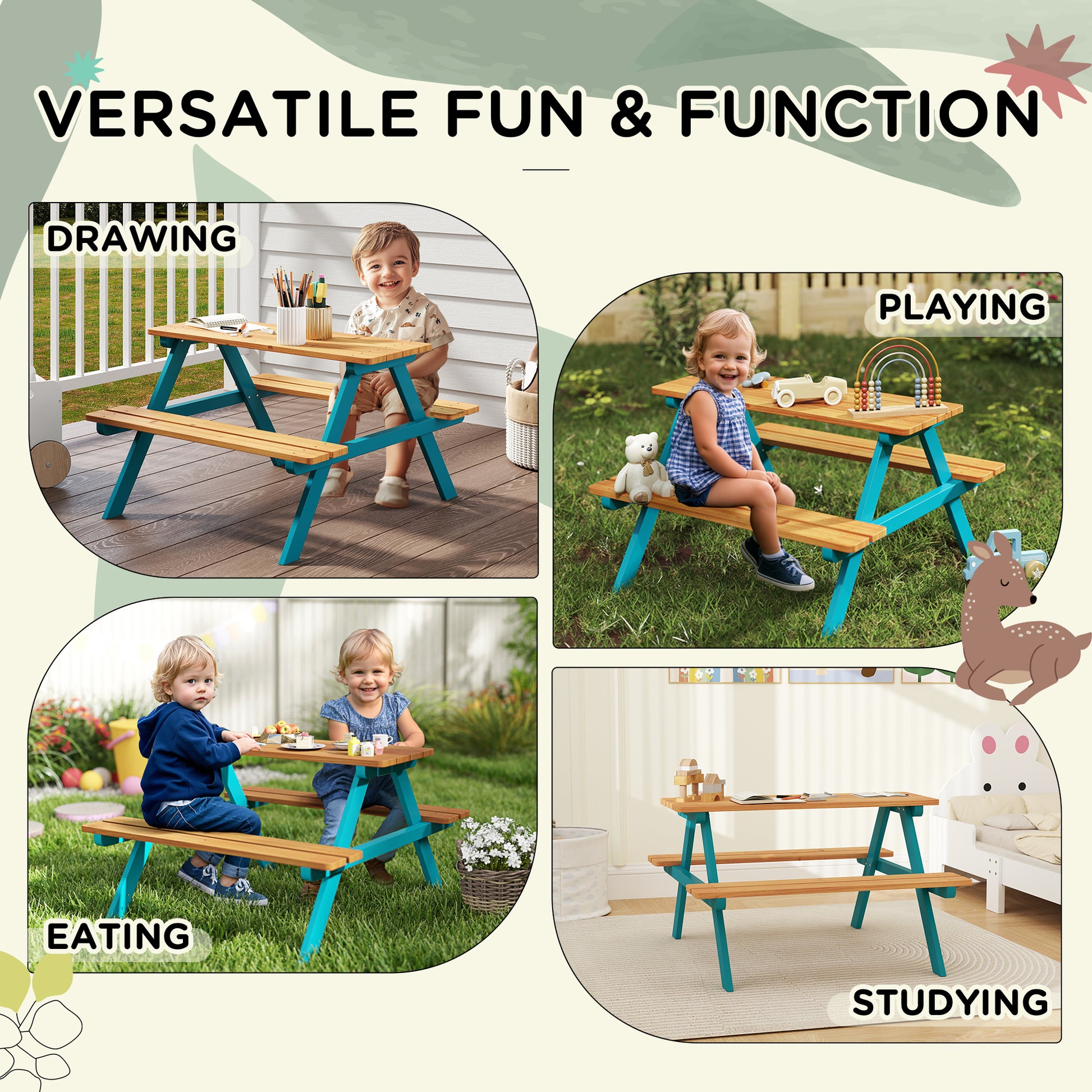 Kids Outdoor Table Set Wooden Toddler Picnic Table and Benches for 4 Kids 3-8 Years, Easy Installation, Natural Wood