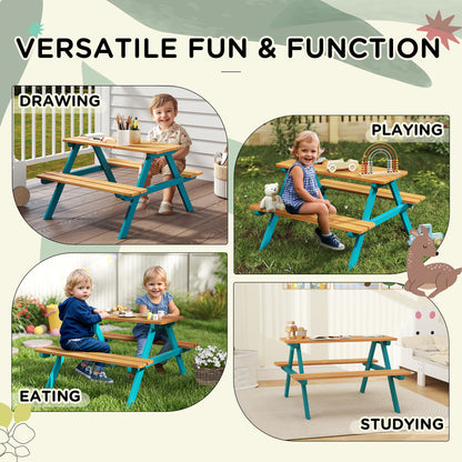 Kids Outdoor Table Set Wooden Toddler Picnic Table and Benches for 4 Kids 3-8 Years, Easy Installation, Natural Wood