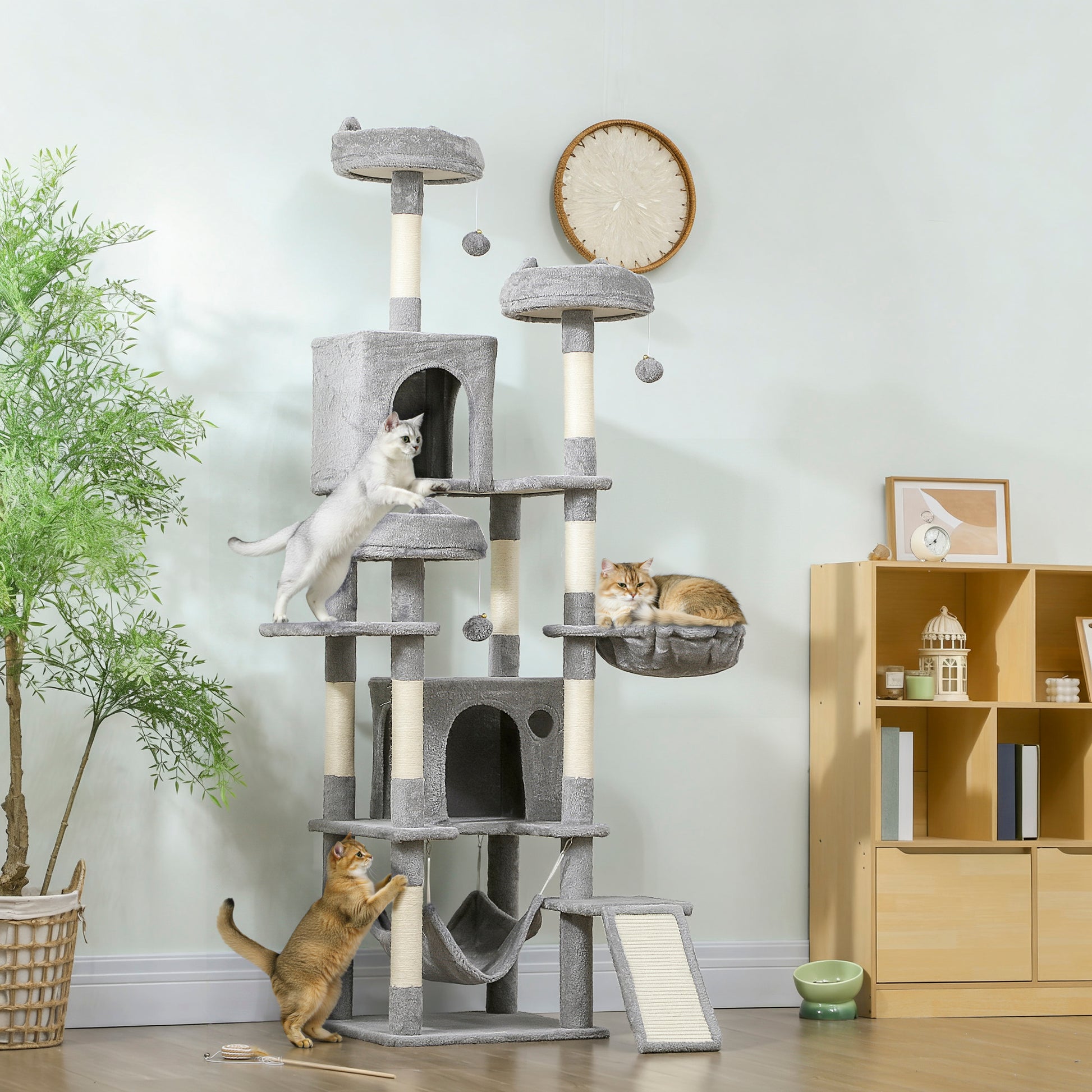 76" Large Cat Tree for Indoor Cats with 8 Scratching Posts, 3 Plush Beds, 2 Hammocks, 2 Large Condos, Ramp, Light Grey