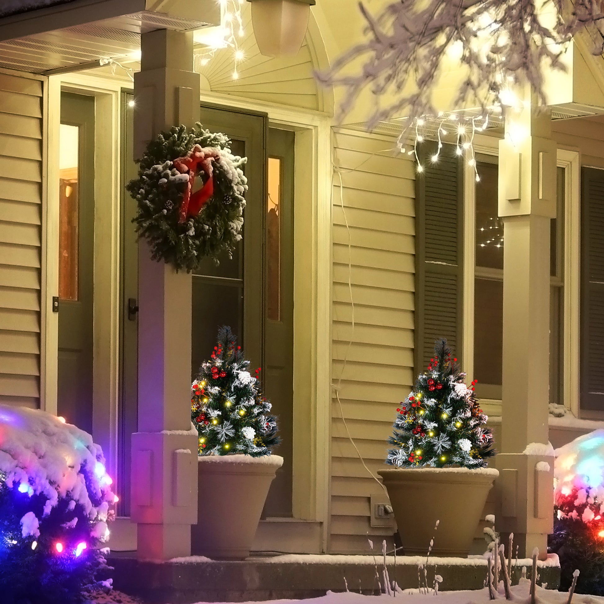 2 Foot/23 inch 2 Pack Prelit Artificial Christmas Tree Cordless with 70 Branches, Warm White LED lights, Red Berries, Pine Cones, Balls, for Outdoor Entryway, Green