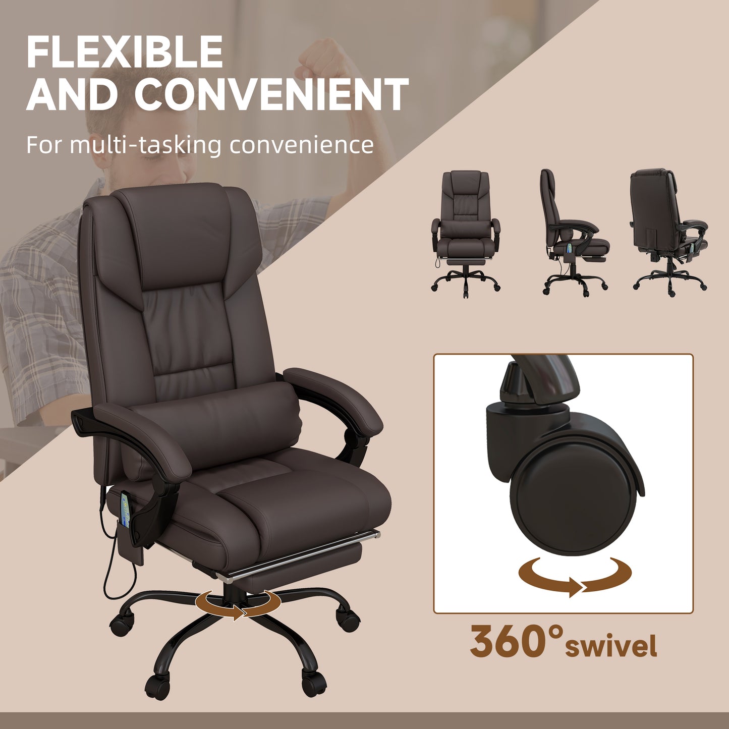 6-Point Vibration Massage Chair, Height Adjustable Reclining Computer Chair with Retractable Footrest, Brown