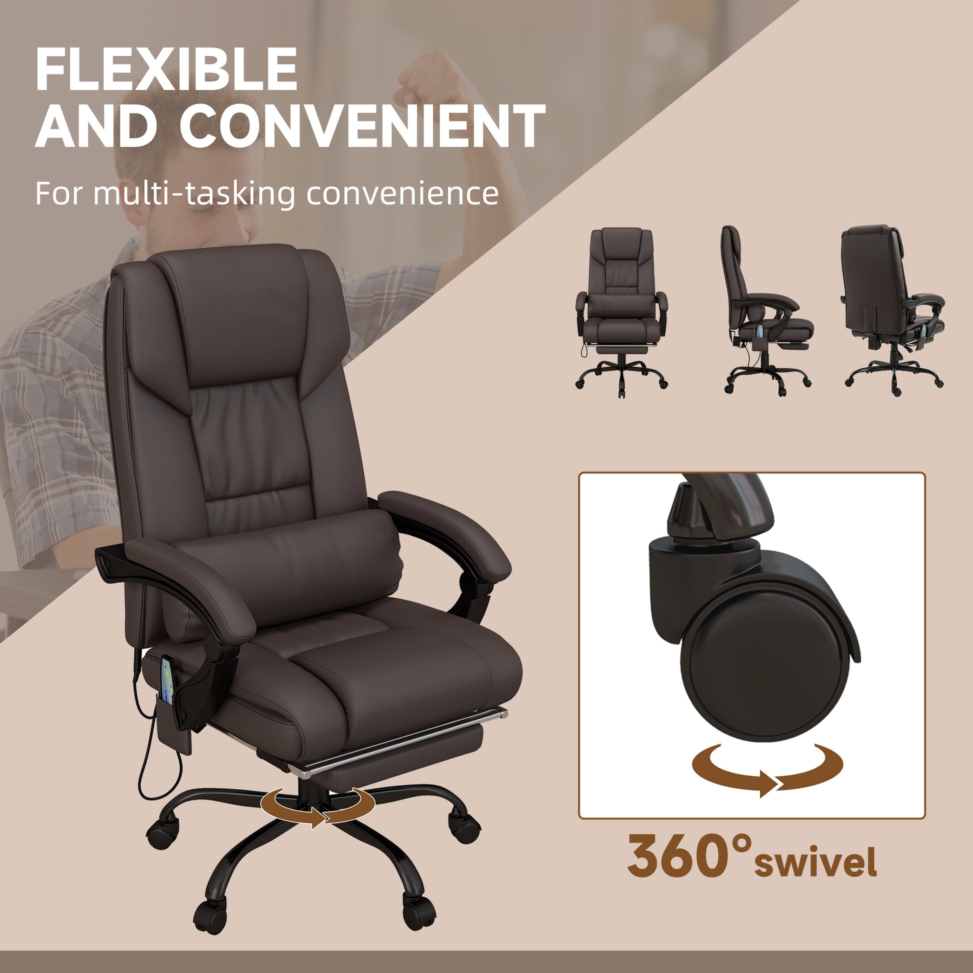 6-Point Vibration Massage Chair, Height Adjustable Reclining Computer Chair with Retractable Footrest, Brown