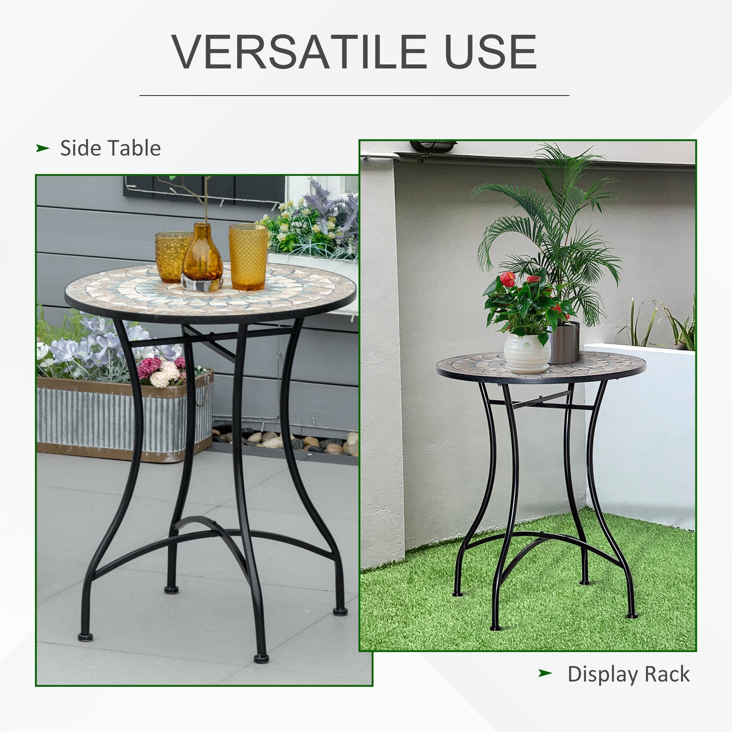 Mosaic Patio Table, Round Coffee Table with Metal Frame, Garden Furniture for Outdoor, Poolside, Green