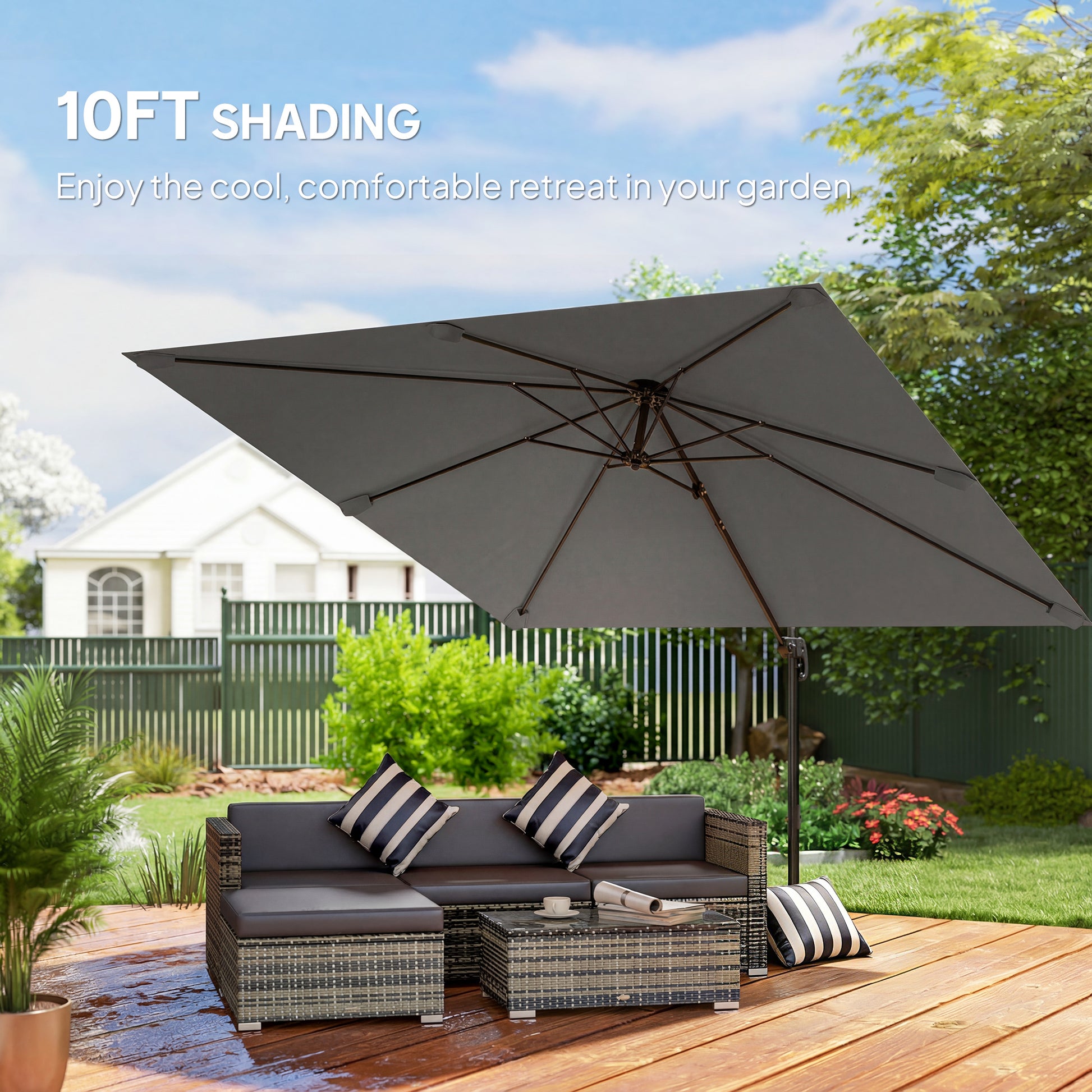10 FT Cantilever Patio Umbrella, Square Patio Umbrella with Crank Handle, Cross Base and Tilt, 360° Rotation