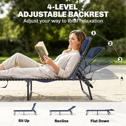 Folding Lounge Chair, Adjustable Chaise Lounge with Headrest, Reclining Lounger Cot for Camping, Hiking, Dark Blue