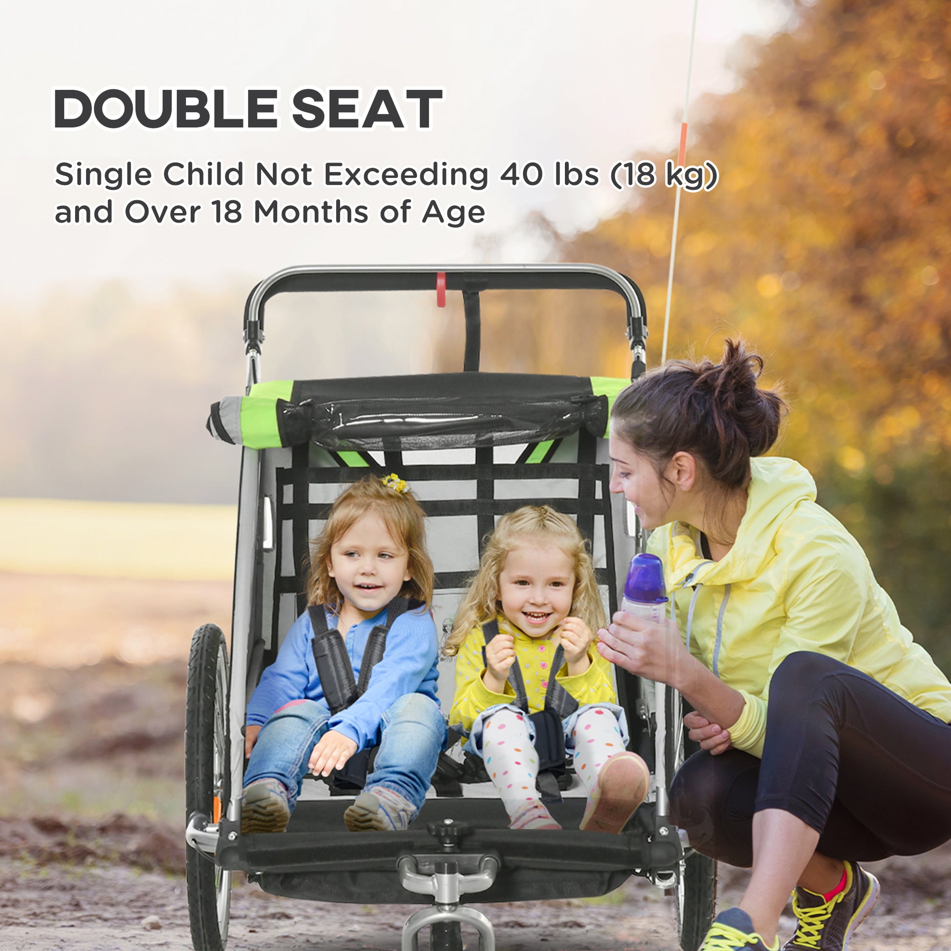 Aosom 2 Seat Bike Trailer for Kids 2-in-1 Double Baby Stroller with Handbrake, Rubber Wheels, 5 Point Harness, Waterproof Cover, Storage Bag, Reflectors, Green