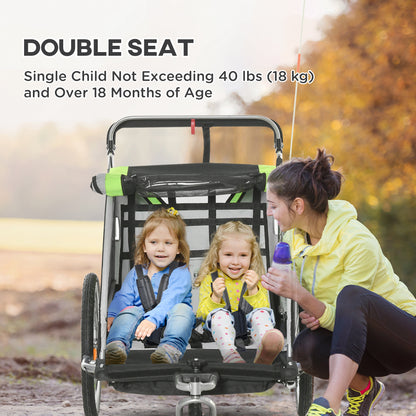 Aosom 2 Seat Bike Trailer for Kids 2-in-1 Double Baby Stroller with Handbrake, Rubber Wheels, 5 Point Harness, Waterproof Cover, Storage Bag, Reflectors, Green