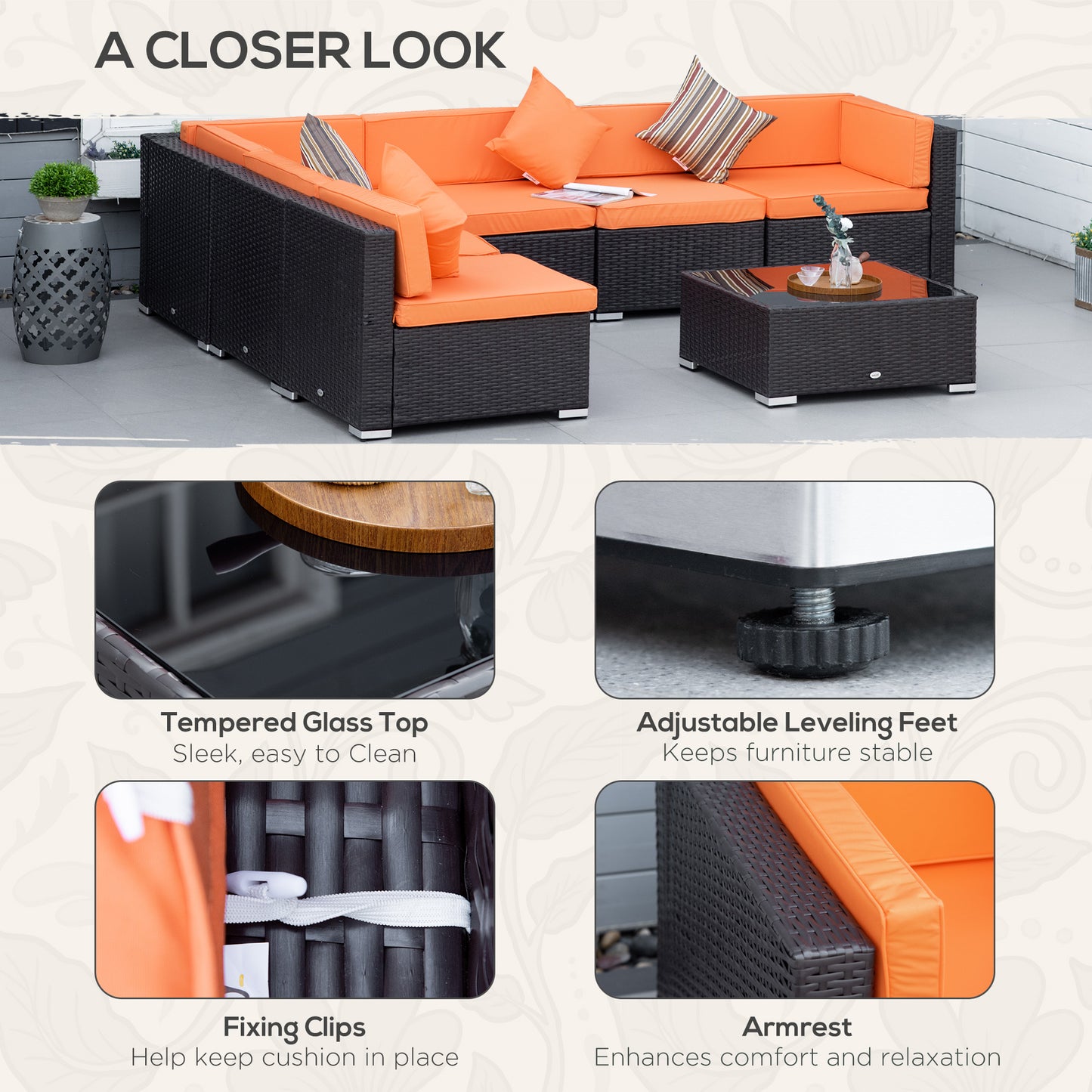 7 Pieces Patio Furniture Set, Rattan Conversation Set Garden Wicker Sofa Set with Washable Cushions and Coffee Table, for Deck Balcony Yard, Orange