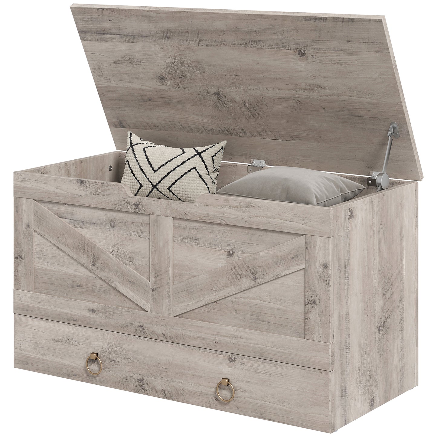 31.5 Inches Storage Chest, Storage Trunk with 2 Safety Hinges for Living Room, Grey Wood Grain