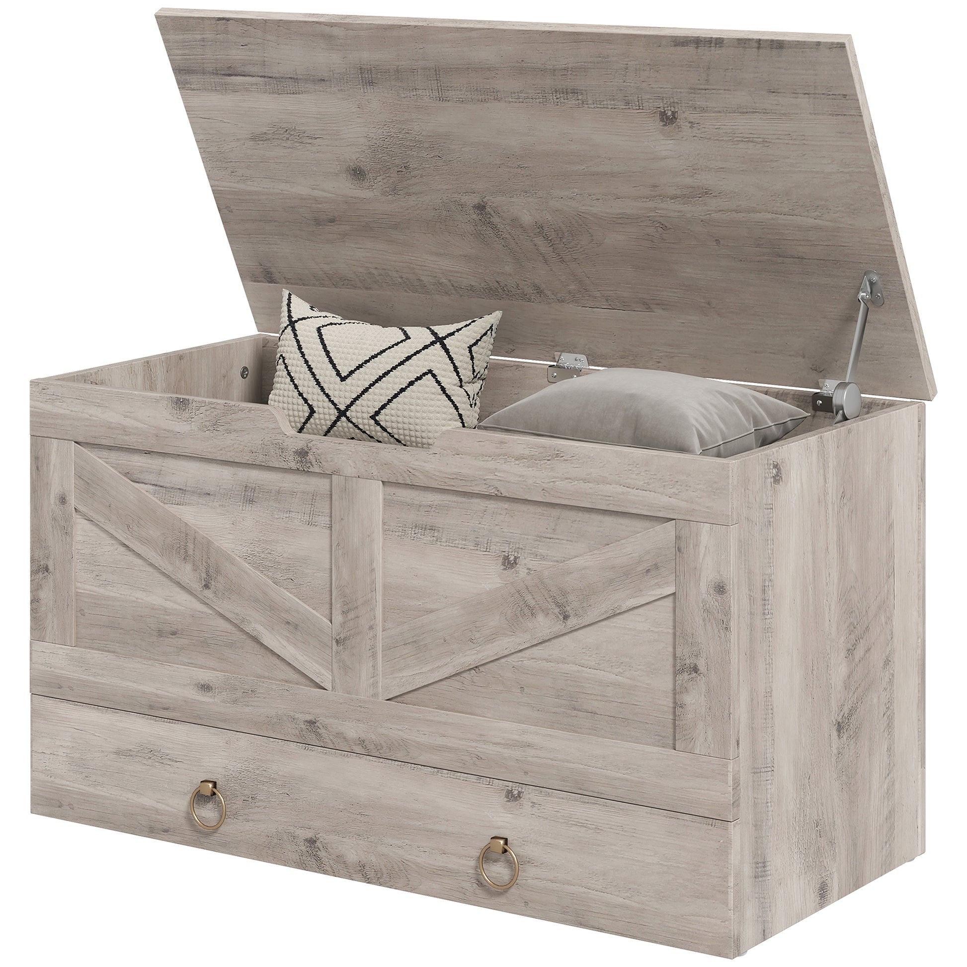 31.5 Inches Storage Chest, Storage Trunk with 2 Safety Hinges for Living Room, Grey Wood Grain