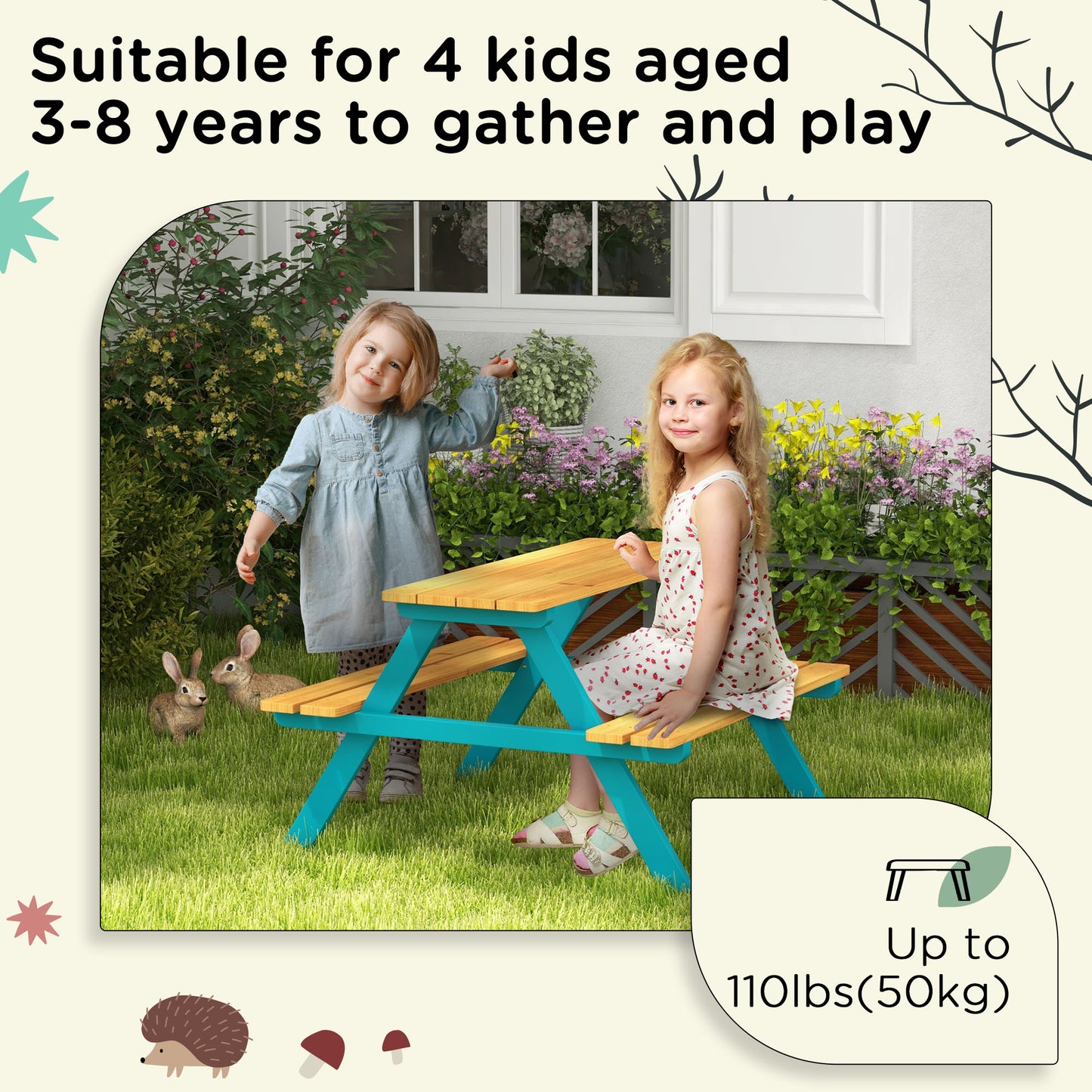 Kids Outdoor Table Set Wooden Toddler Picnic Table and Benches for 4 Kids 3-8 Years, Easy Installation, Natural Wood