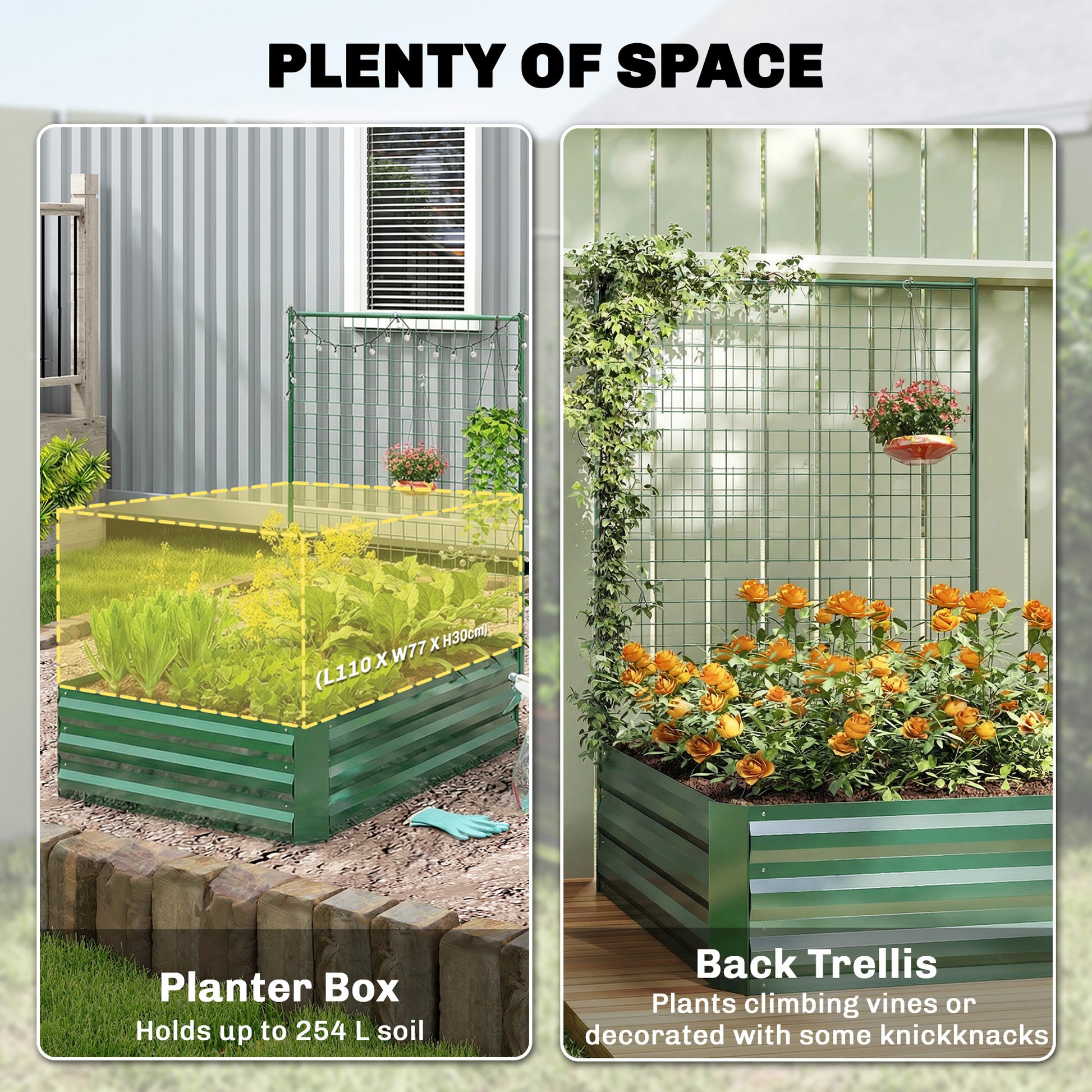 Galvanized Raised Garden Bed with Trellis for Climbing Plants, Outdoor Planter Box with Open Bottom, Green