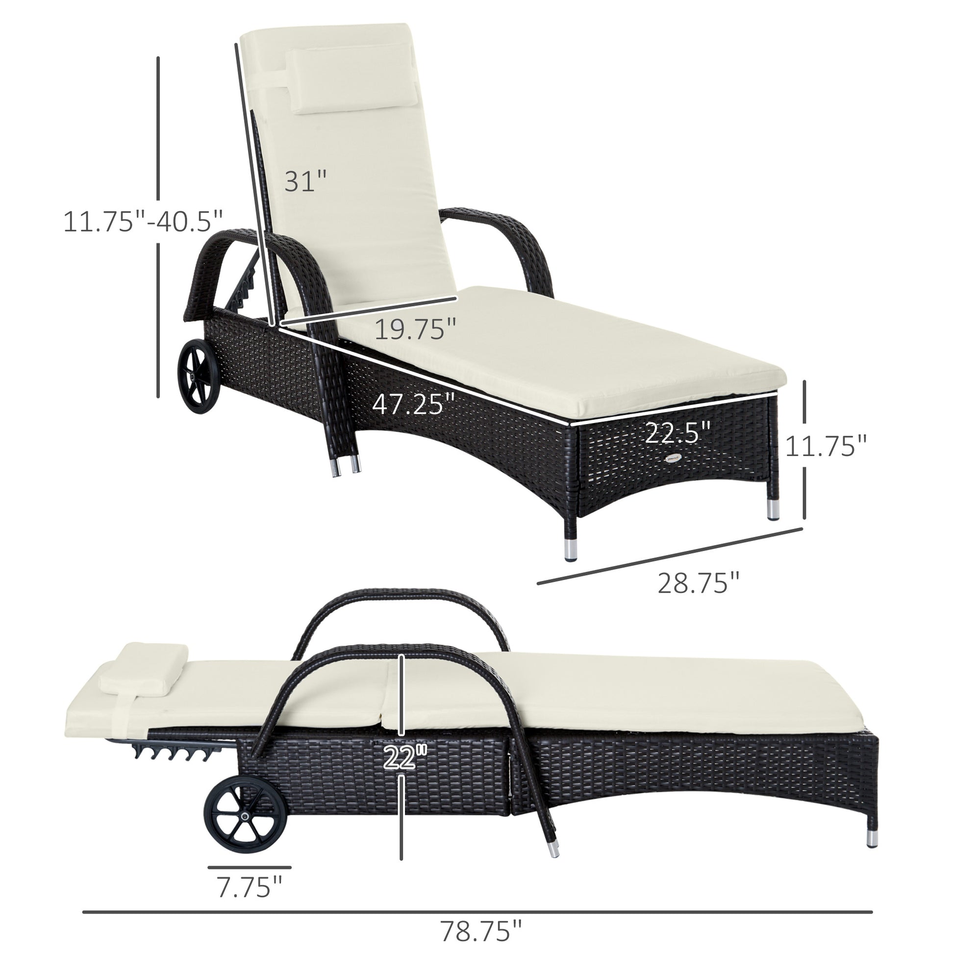 Wicker Chaise Lounge, Outdoor Lounge Chair, PE Rattan Patio Sun lounger with Head-rest, 5-Level Height Adjust Backrest, Cushion & Wheels, Deep Coffee and Cream White