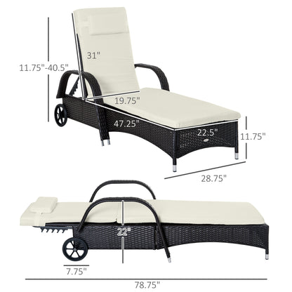 Wicker Chaise Lounge, Outdoor Lounge Chair, PE Rattan Patio Sun lounger with Head-rest, 5-Level Height Adjust Backrest, Cushion & Wheels, Deep Coffee and Cream White