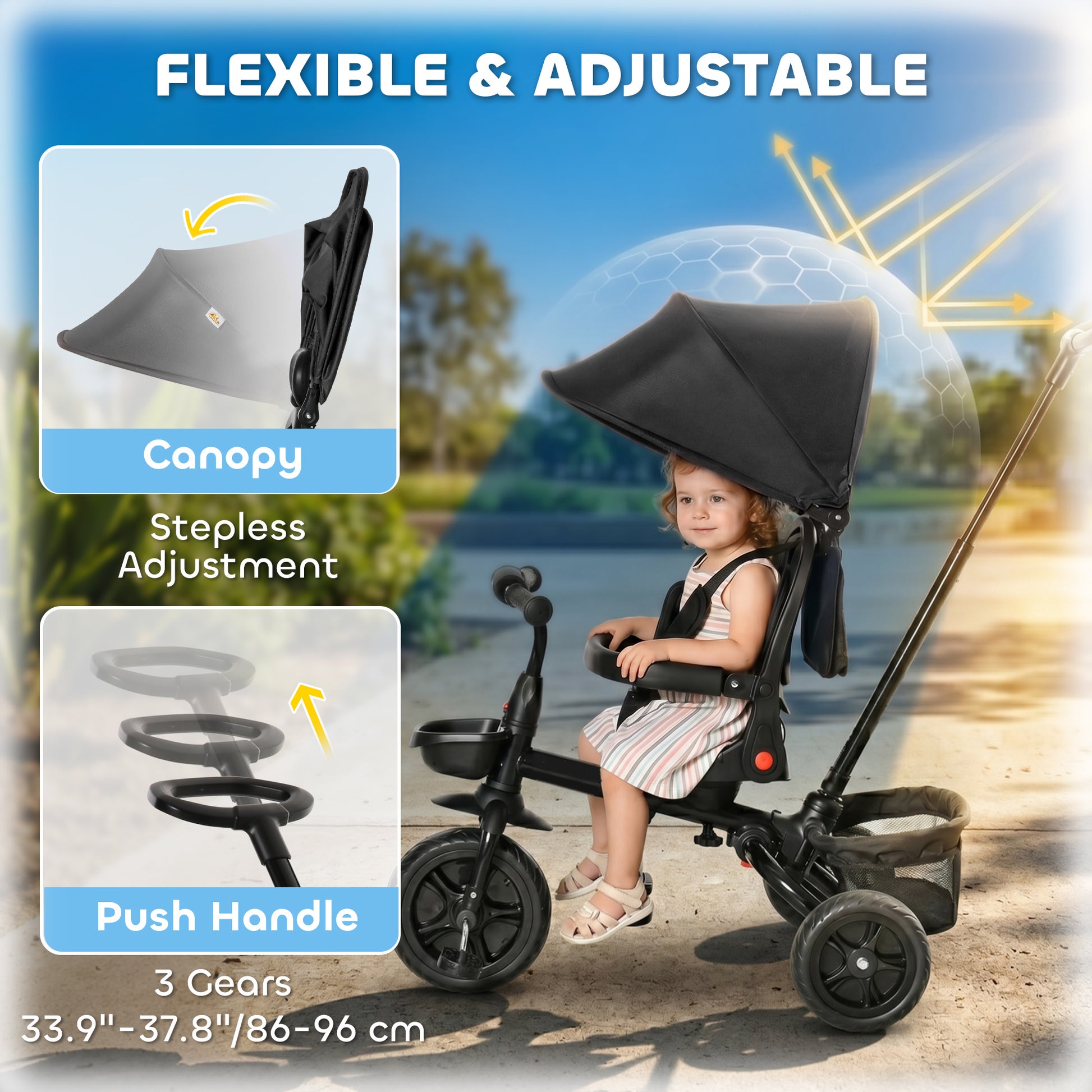 Qaba Tricycle for Toddler 4 in 1 Kids Trike, Foldable Converts Stroller to Toddler Bike, Adjustable Backrest & Curved Canopy, Detachable Guardrail & Handle for 1-5 Years Old, Black