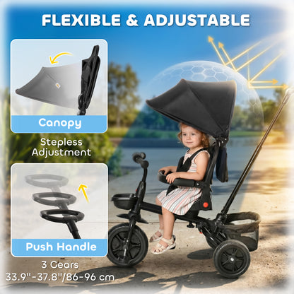 Qaba Tricycle for Toddler 4 in 1 Kids Trike, Foldable Converts Stroller to Toddler Bike, Adjustable Backrest & Curved Canopy, Detachable Guardrail & Handle for 1-5 Years Old, Black