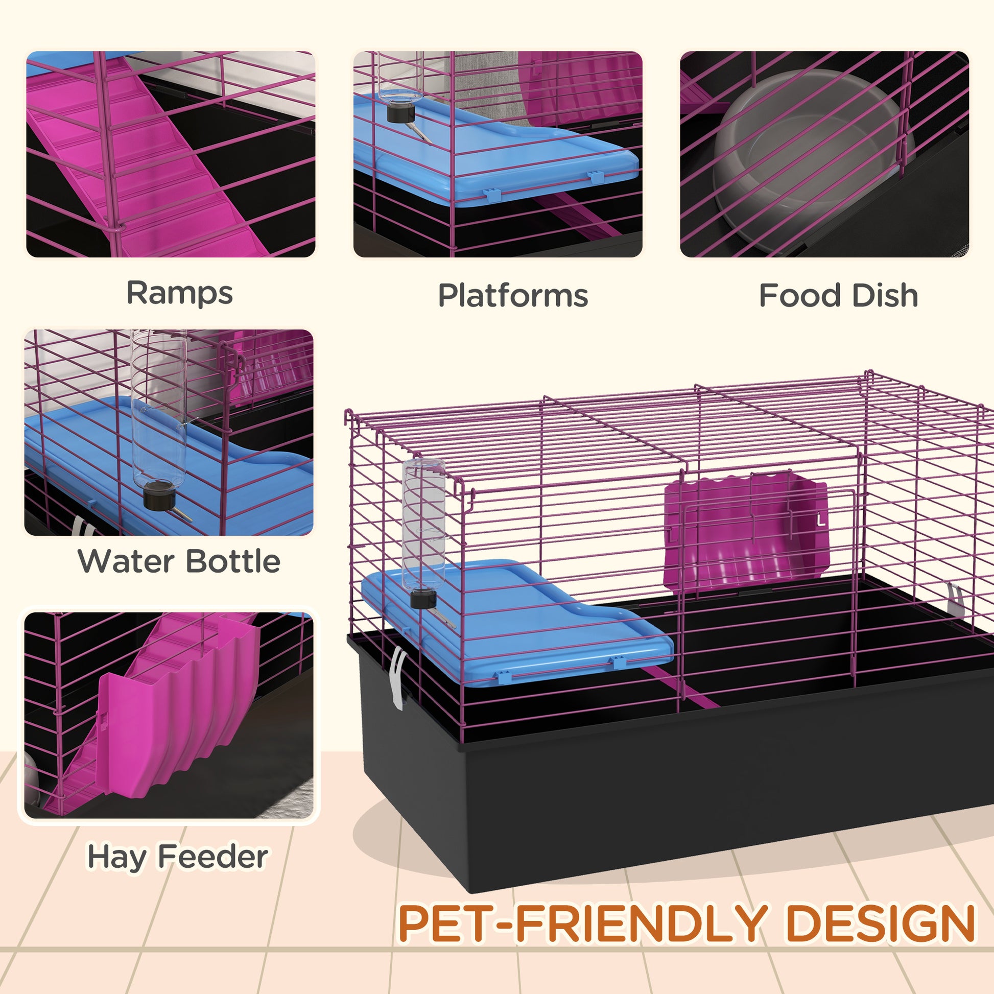18.5" Small Animal Cage with Water Bottle, Food Dish, Platform, Ramp, Black
