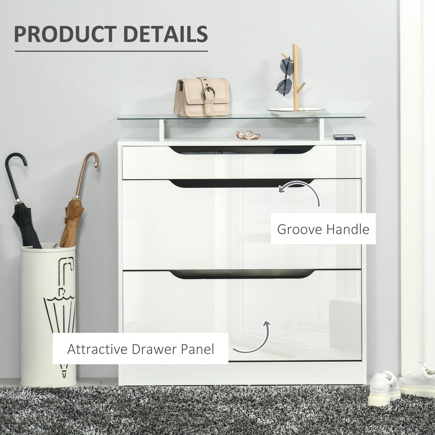 High Gloss Shoe Cabinet with 2 Flip Drawers and Adjustable Shelves, Narrow Shoe Storage Cabinet with Glass Top, White