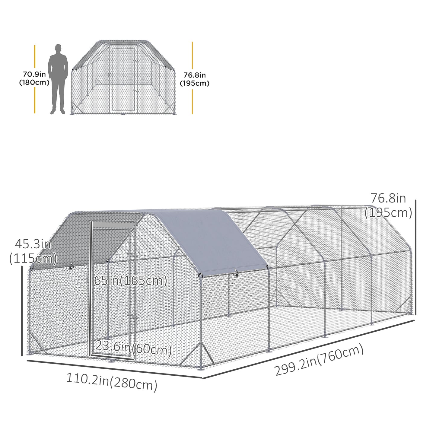 Chicken Run, Galvanized Large Metal Chicken Coop Cage, Walk-in Enclosure Poultry Hen Run House Playpen Rabbit Hutch with Flat Roof, Cover, 9.2' x 24.9' x 6.5', Silver