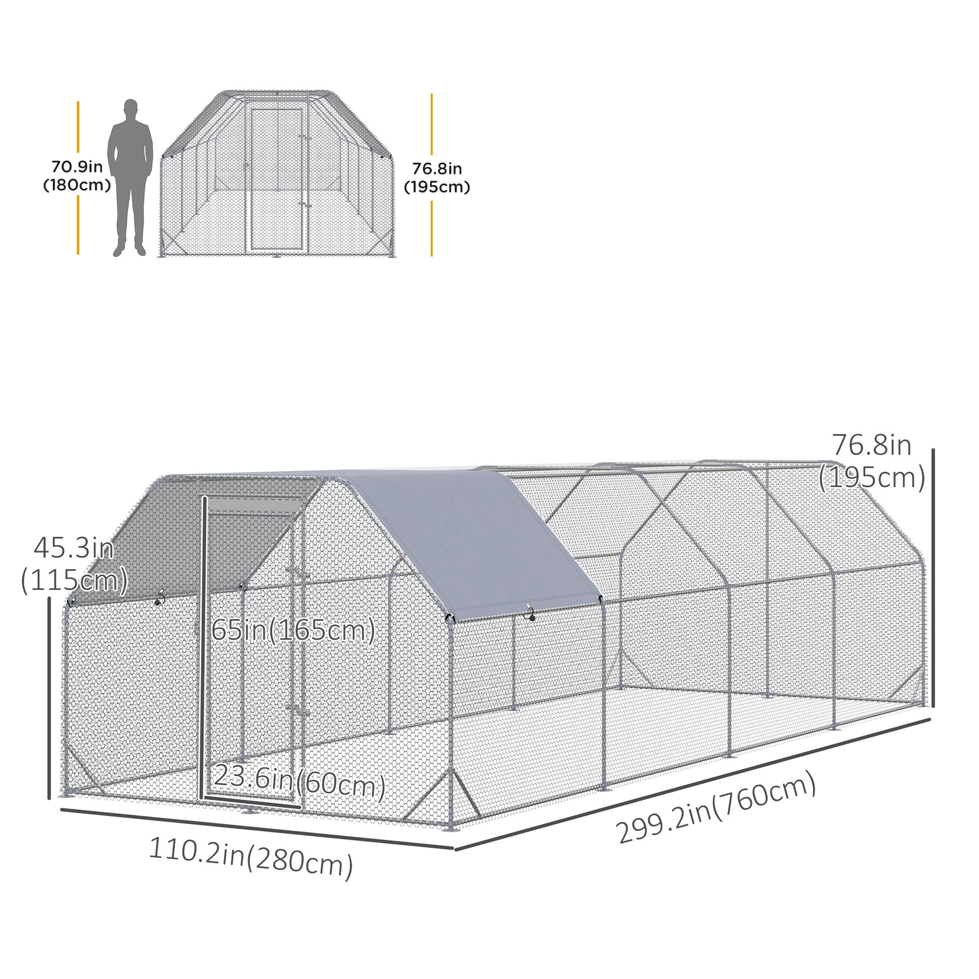 Chicken Run, Galvanized Large Metal Chicken Coop Cage, Walk-in Enclosure Poultry Hen Run House Playpen Rabbit Hutch with Flat Roof, Cover, 9.2' x 24.9' x 6.5', Silver
